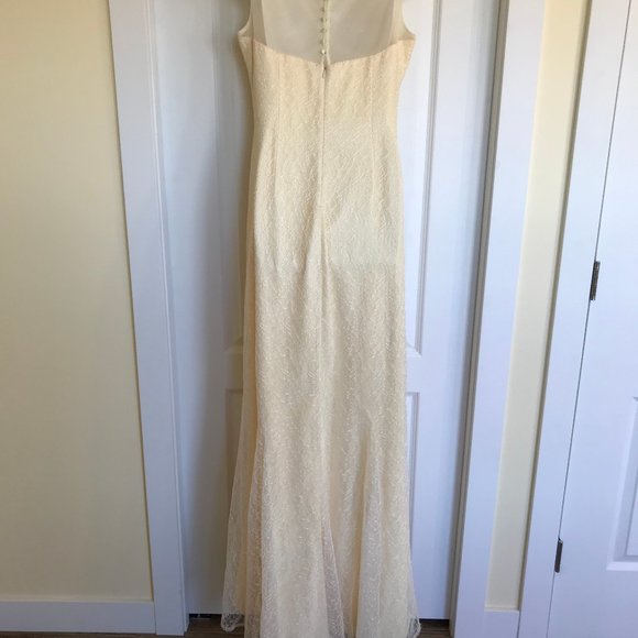 Badgley Mischka Bridesmaids Floor Length Pale Yellow Lace Overlay Mesh Back Gown - Picture 9 of 10